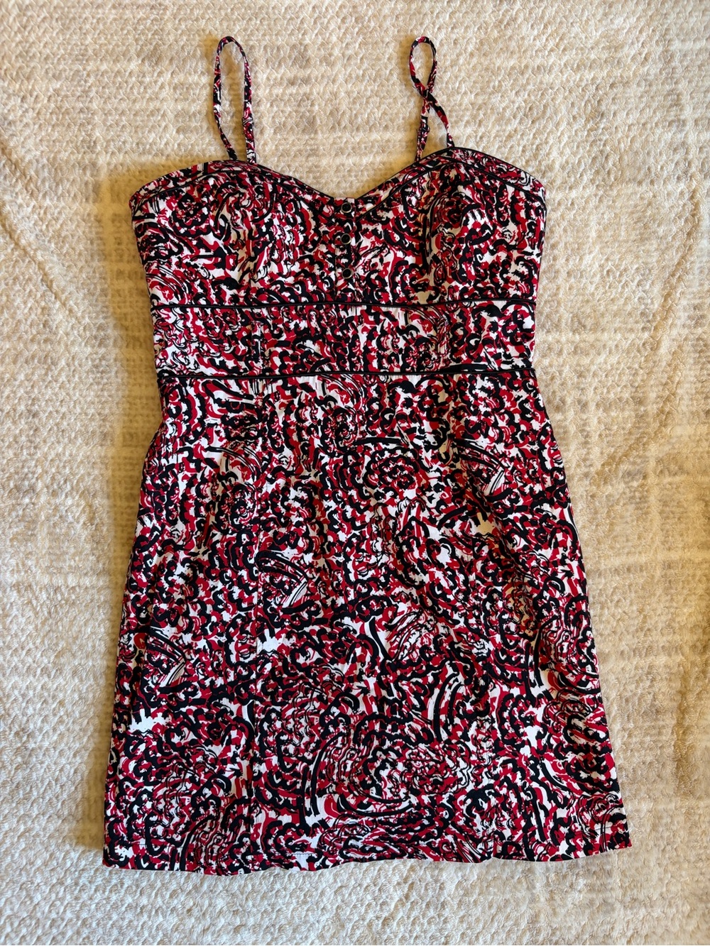 Suzy Shier Red Black White Print Mini Dress Stretch Cotton Size L